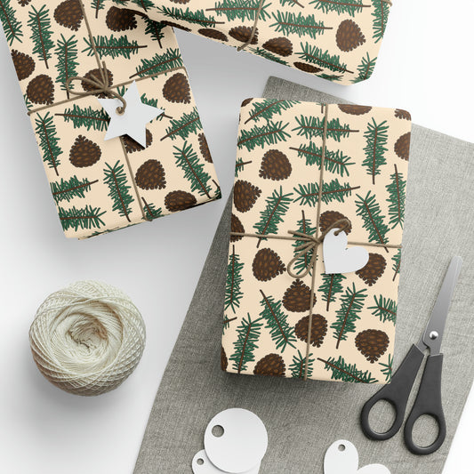 Pinecones With Sprigs Of Pine Cute Winter Christmas Print Holiday Gift Wrap Paper - Glossy Or Matte