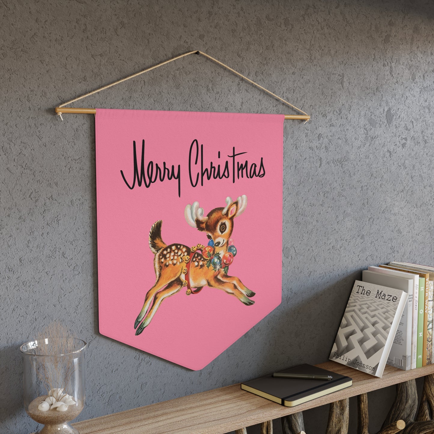 Merry Christmas Reindeer Mid Century Retro Pink Christmas Print Wall Hanging Banner Flag