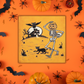 This canvas wall art features a retro vintage Halloween illustration of a skeleton with a trick or treating bucket for a head, a black cat, flying owl and spooky house with a full moon. The background is yellowish orange.