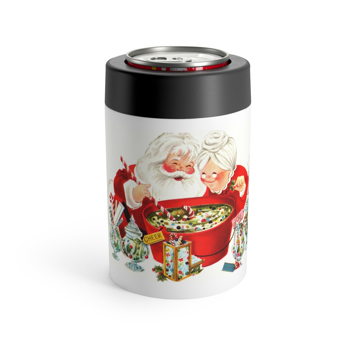 Santa And Mrs. Claus Making Christmas Cheer Retro Christmas Print Stainless Steel Can Holder