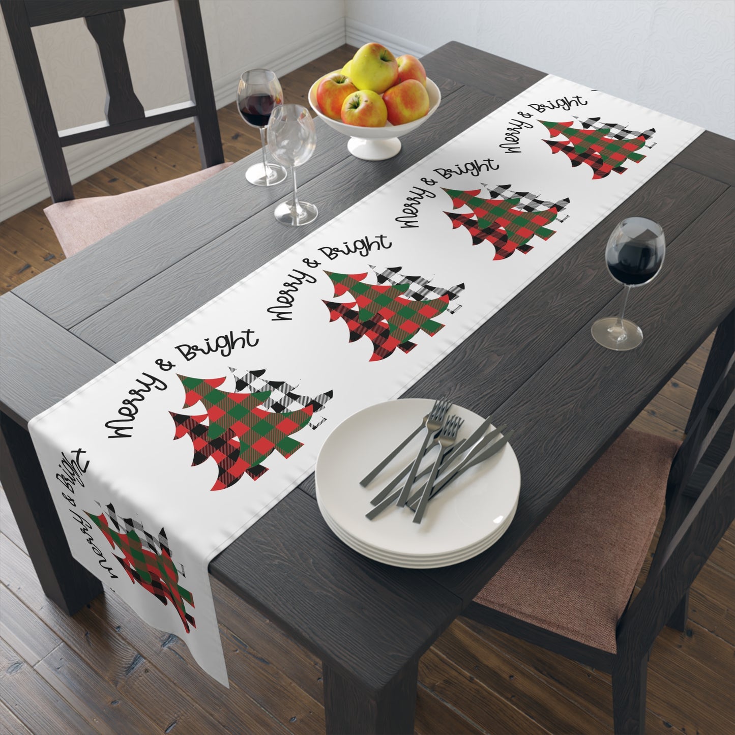 Merry And Bright Buffalo Checkered Christmas Trees Christmas Print Home Decor Cotton Poly Table Runner