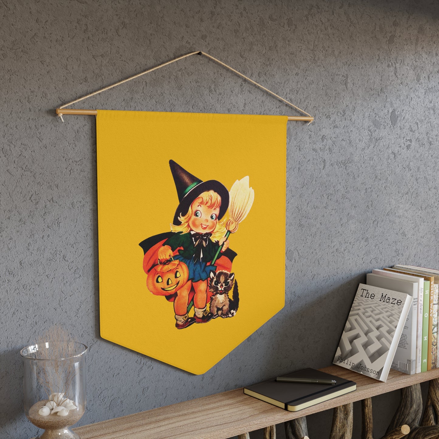 Cute Little Witch And Cat Retro Halloween Print Style Decor Print Wall Hanging Banner Flag