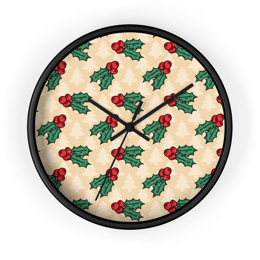 Cute Christmas Holly Trees Black Christmas Wall Clock