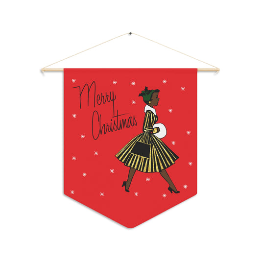 Merry Christmas Lady Retro Mid Century Christmas Print Wall Hanging Banner Flag