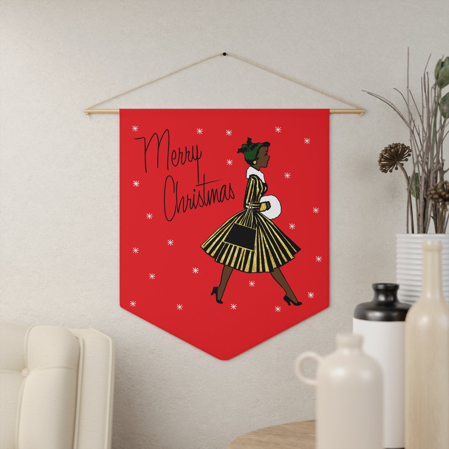 Merry Christmas Lady Retro Mid Century Christmas Print Wall Hanging Banner Flag