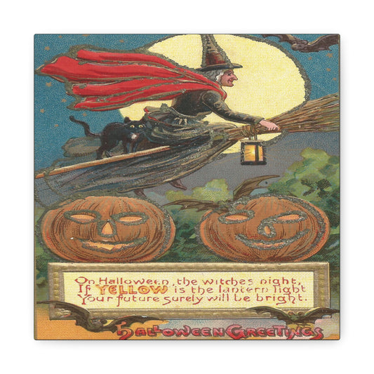 Witch Black Cat Retro Halloween Decor Print Canvas Gallery Wrap