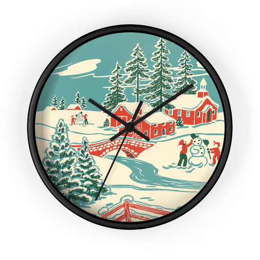 Christmas Village Town Retro Christmas Print Black Christmas Wall Clock