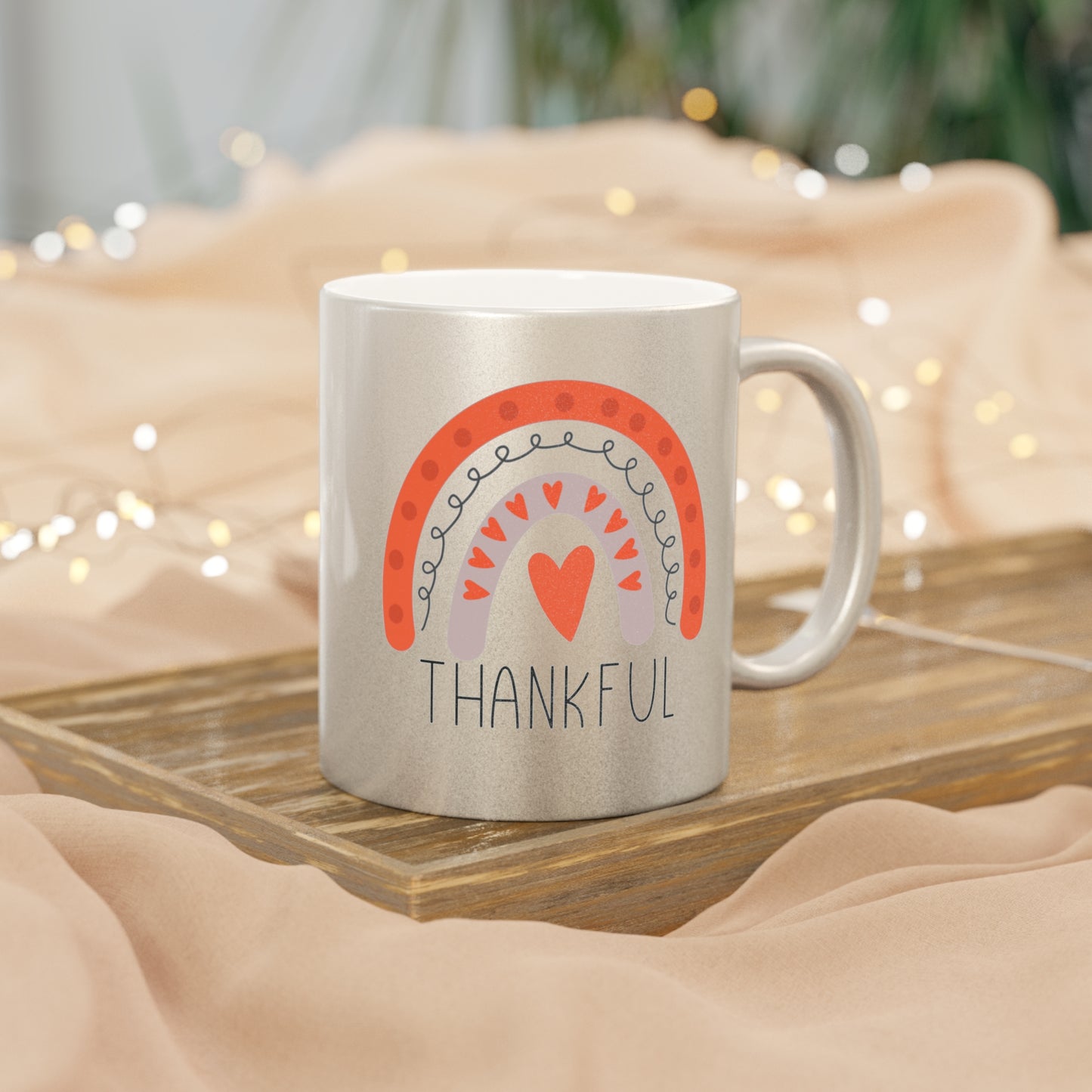 Thankful Boho Rainbow Thanksgiving Fall Decor Silver Metallic Mug