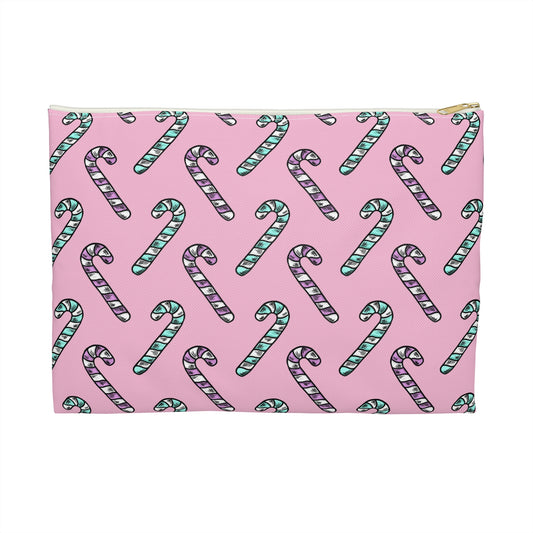 Pink And Teal Pastel Candy Canes Christmas Print Polyester Accessory Pouch Travel Bag