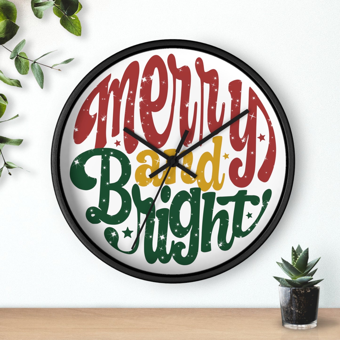 Merry And Bright Christmas Black Christmas Wall Clock