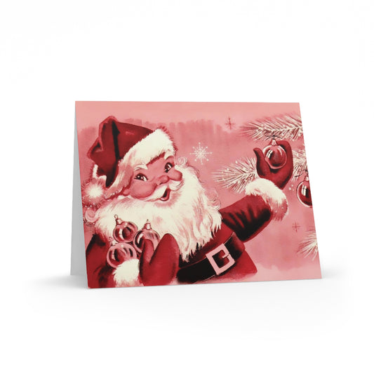 Pink Santa With Ornaments Mid Century Retro Christmas Print Matte Greeting Cards (8, 16, and 24 pcs)