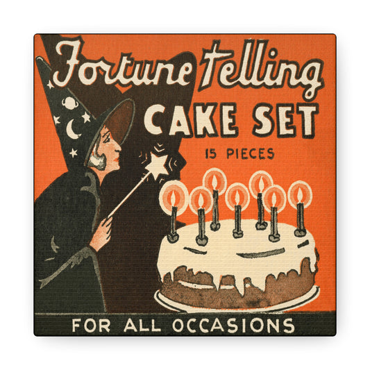 This rare vintage Halloween artwork features a celestial witch with a star wand and a cake. The lettering Fortune Telling Cake Set For All Occassions is featured with an orange background.