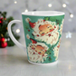 This ceramic glossy latte Christmas mug features a vintage Midcentury illustration of six laughing santas with holly berries.