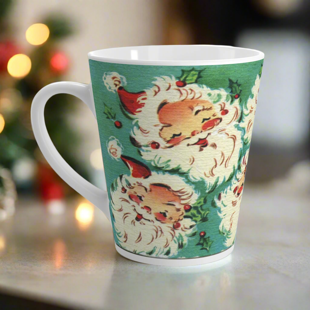 This ceramic glossy latte Christmas mug features a vintage Midcentury illustration of six laughing santas with holly berries.