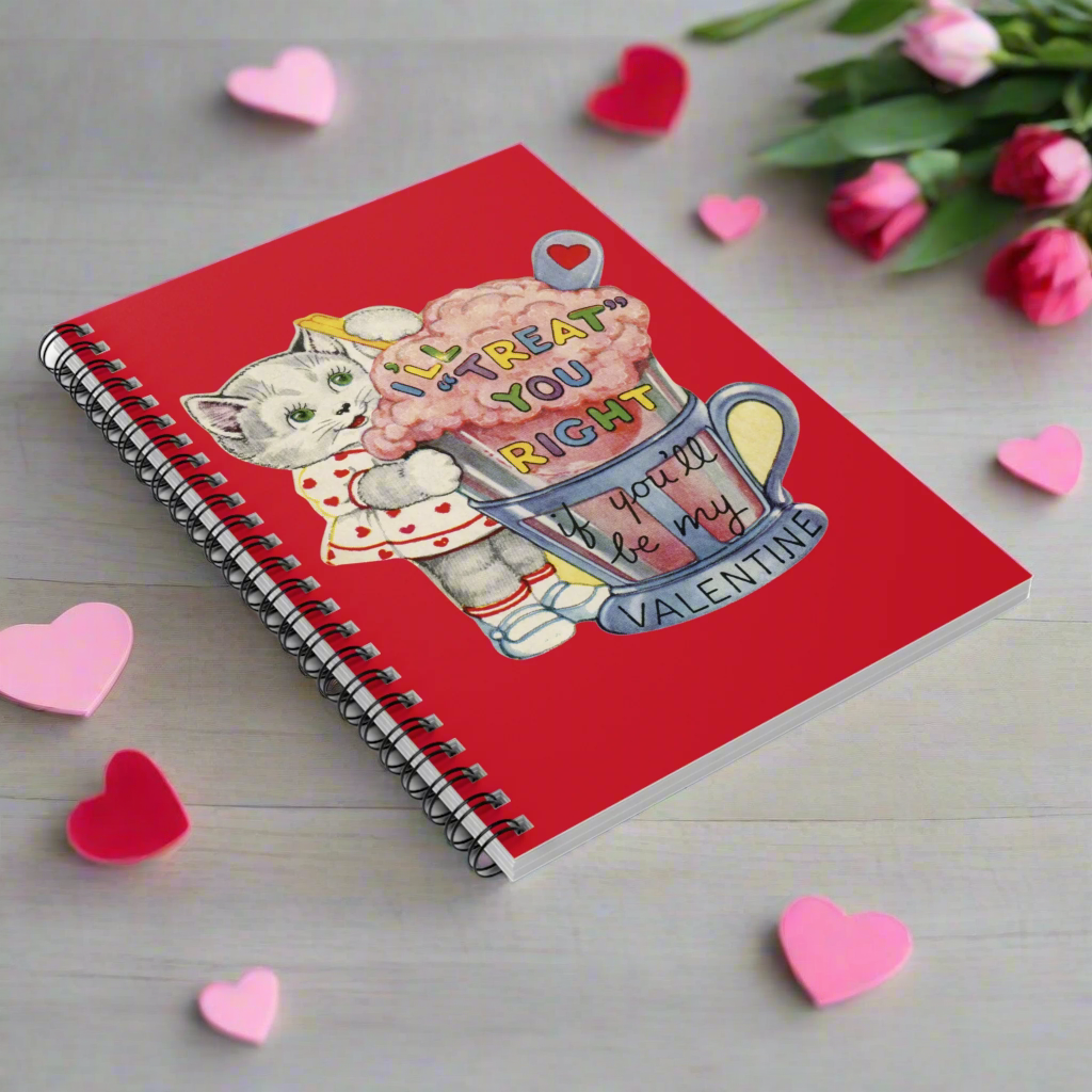 This red spiral notebook features a midcentury Valentine's Day illustration of a cute cat with a pink milkshake that says I'll Treat You Right if you'll be my Valentine.