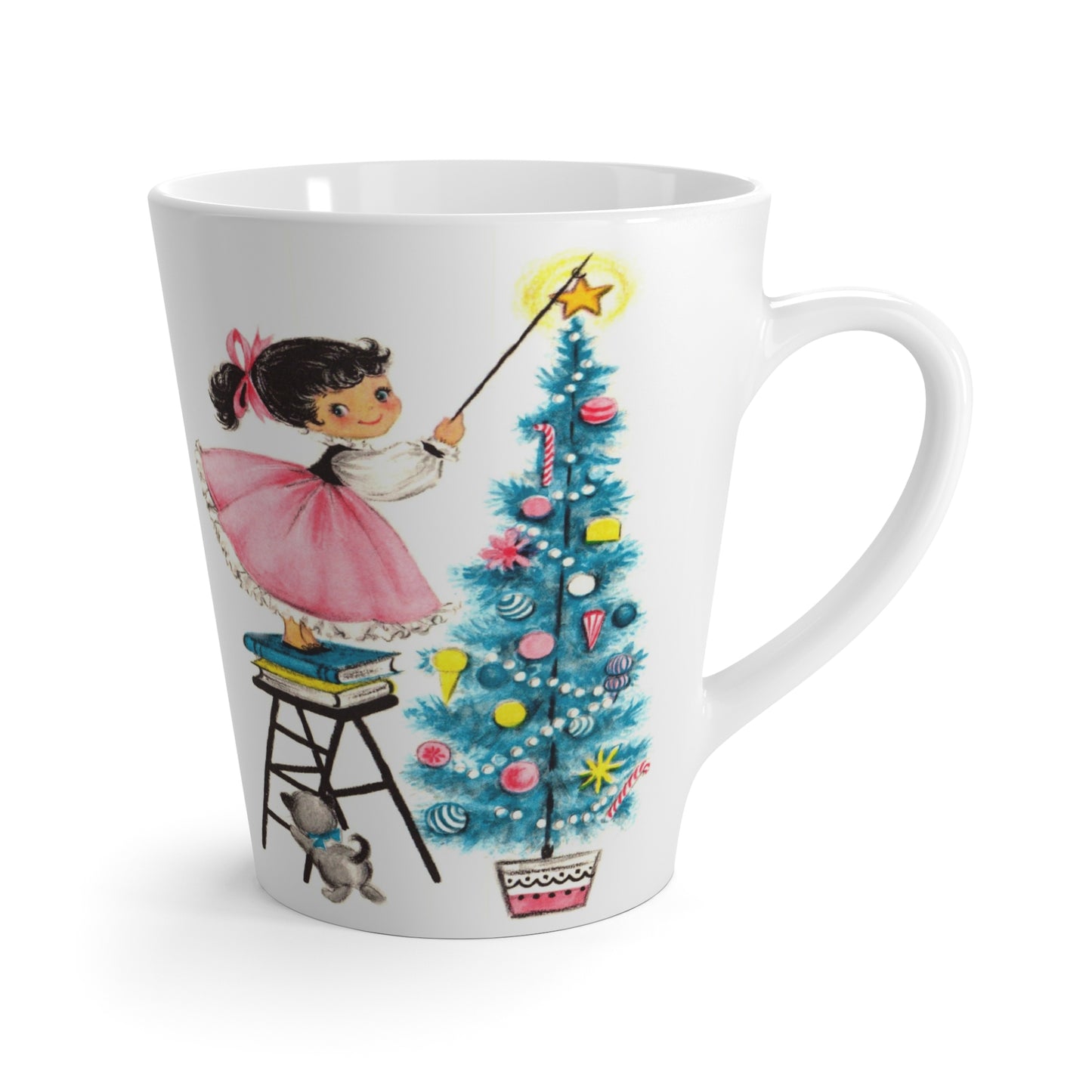 Little Girl Putting Star On Top Of Christmas Tree With Kitten Mid Century Retro Christmas Print Latte Coffee Mug