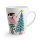 Little Girl Putting Star On Top Of Christmas Tree With Kitten Mid Century Retro Christmas Print Latte Coffee Mug