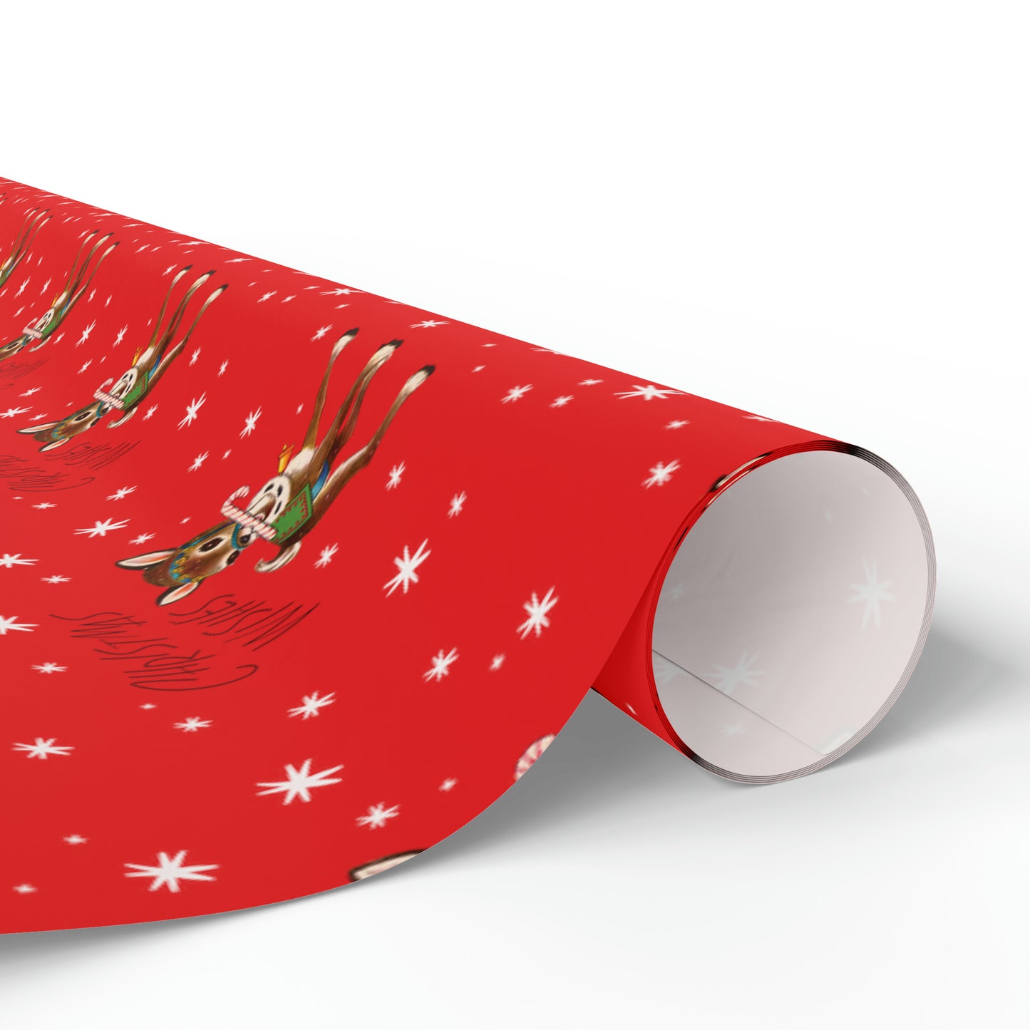 Christmas Wishes Reindeer With Candy Cane Red Mid Century Retro Christmas Print Holiday Gift Wrap Paper - Glossy Or Matte