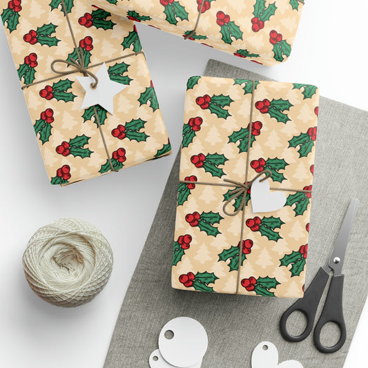 Cute Christmas Holly Trees Winter Christmas Print Holiday Gift Wrap Paper - Glossy Or Matte