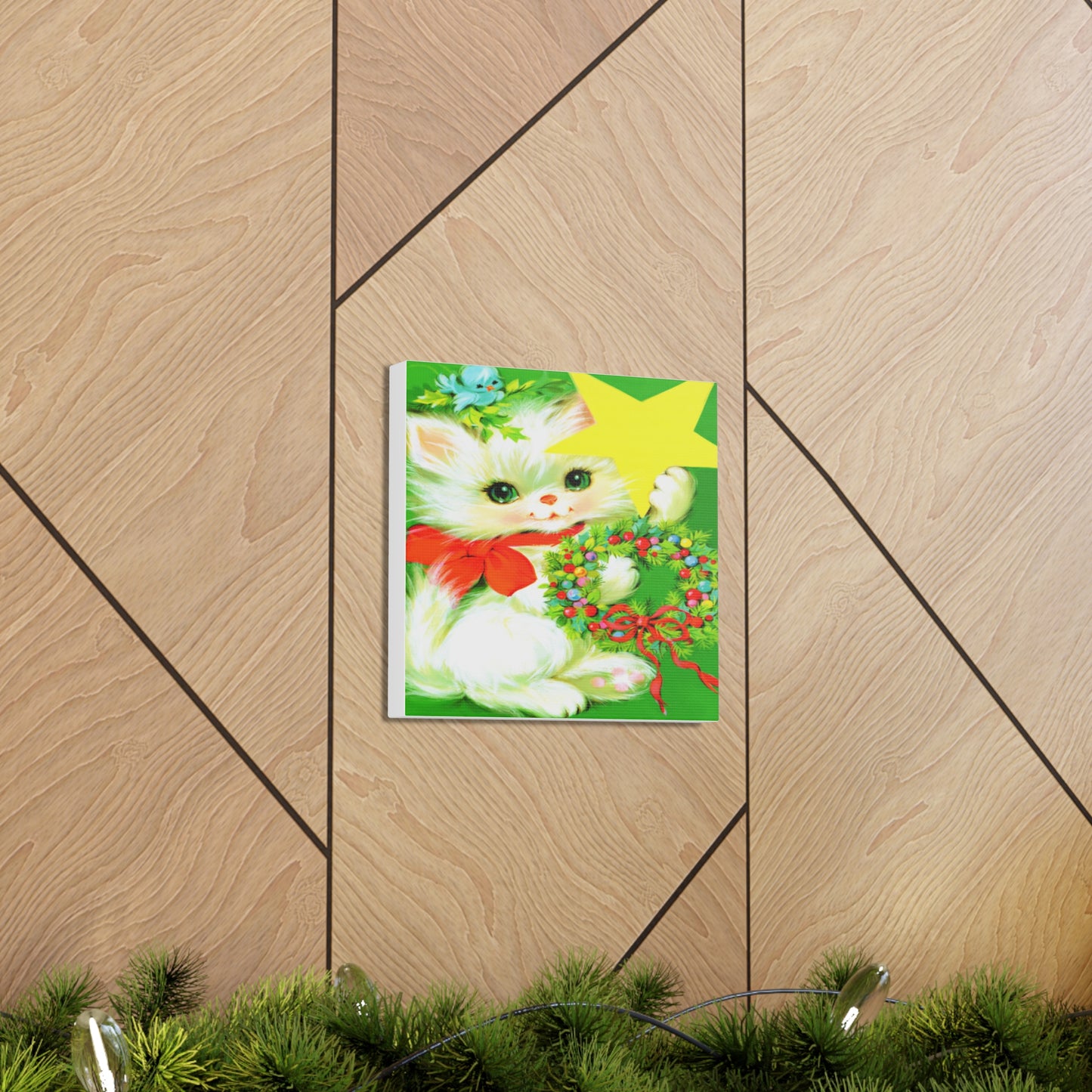 Christmas Kitten With Star Wreath Retro Christmas Print Canvas Gallery Wrap