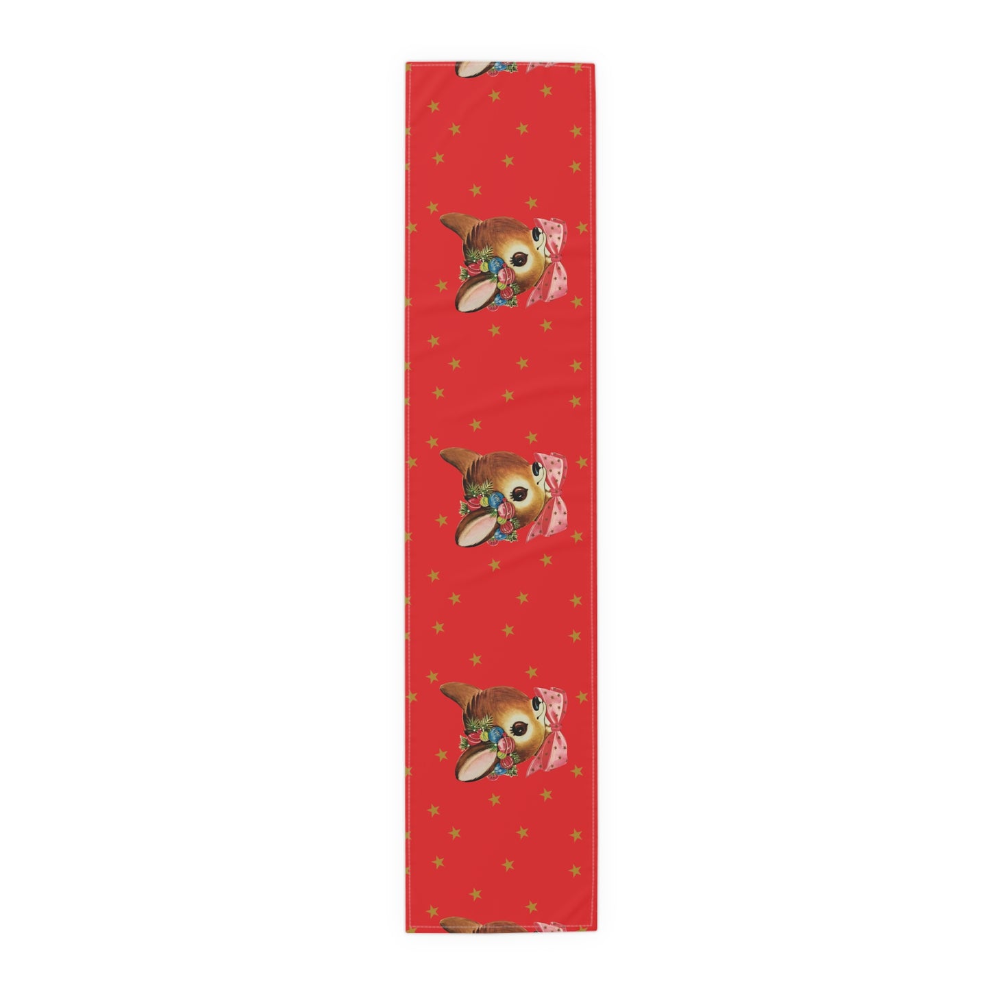 Reindeer Gold Stars Retro Red Christmas Print Home Decor Cotton Poly Table Runner