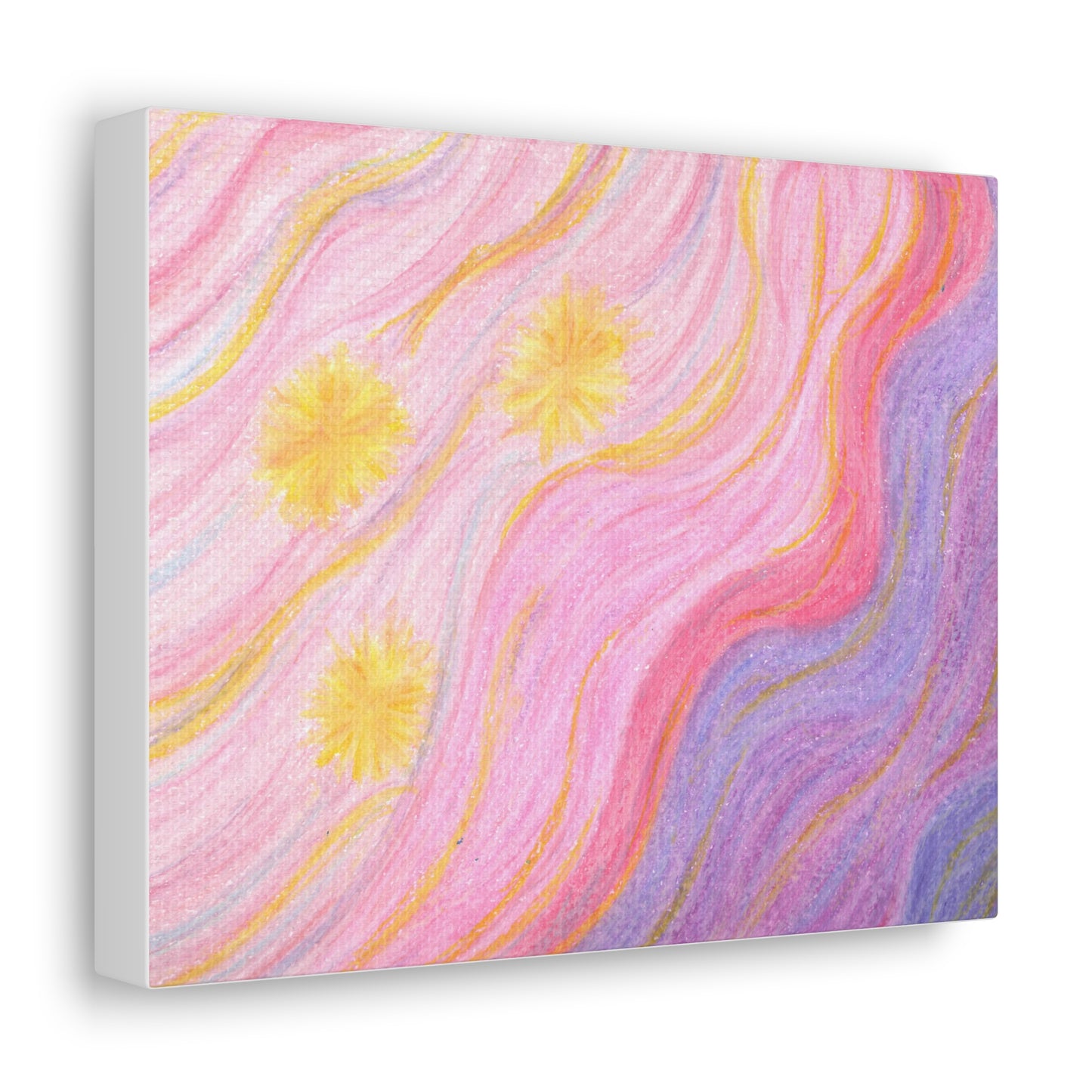 This canvas gallery wrap features the artwork of Caden Caraco. Original medium is oil pastels on paper. It features a celestial sunset of three yellow stars and a swirling sky full of pinks, purples, yellows and blues.