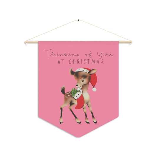 Thinking Of You At Christmas Reindeer Retro Pink Christmas Print Wall Hanging Banner Flag