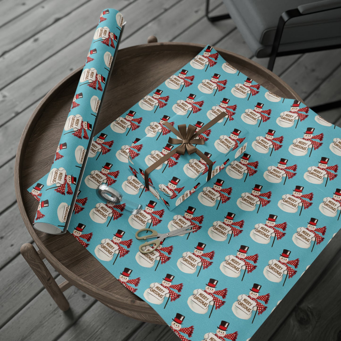 Merry Christmas Snowman Blue Mid Century Retro Christmas Print Holiday Gift Wrap Paper - Glossy Or Matte