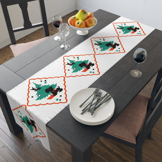 Little Christmas Scottie With Bird Mid Century Retro Christmas Print Home Decor Cotton Poly Table Runner