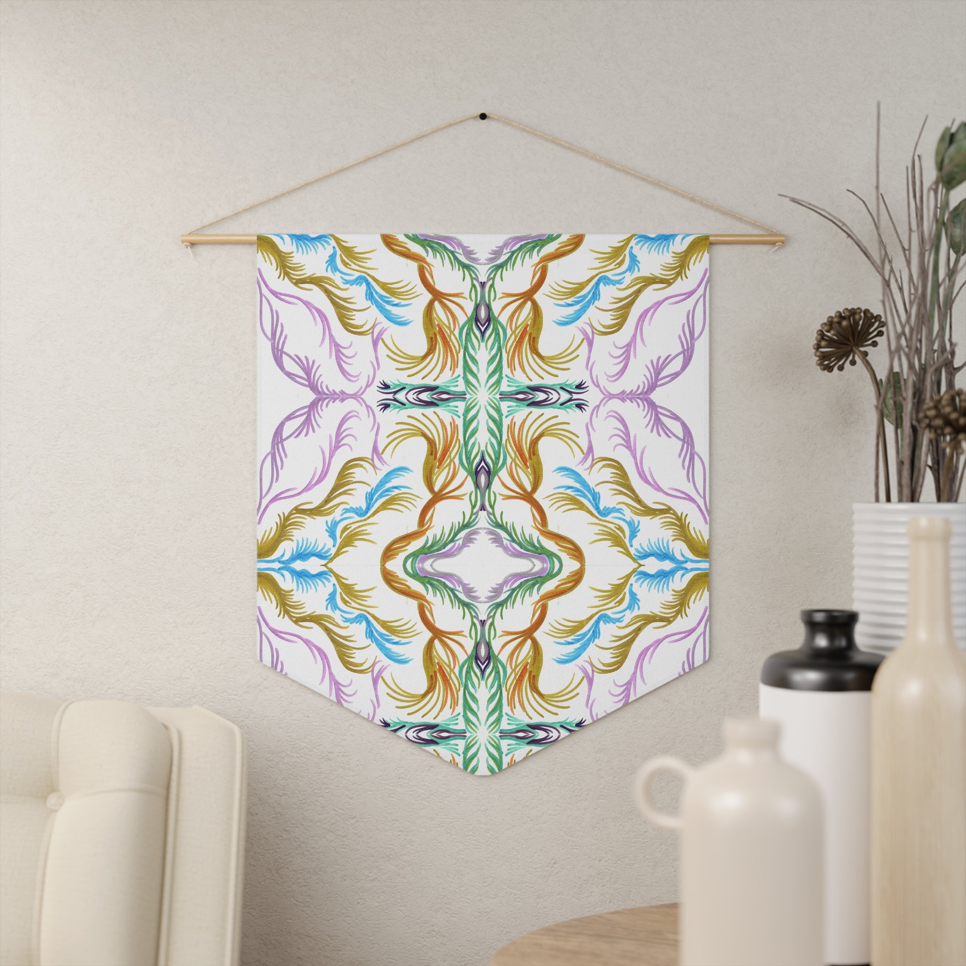 This fabric pennant wall hanging features the modern artwork of Caden Caraco. It features swirls of purple, greens and gold, inspired by Lyra and the memory of the universe. 