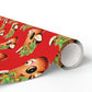 Reindeer With Holly And Bells Red Mid Century Retro Christmas Print Holiday Gift Wrap Paper - Glossy Or Matte