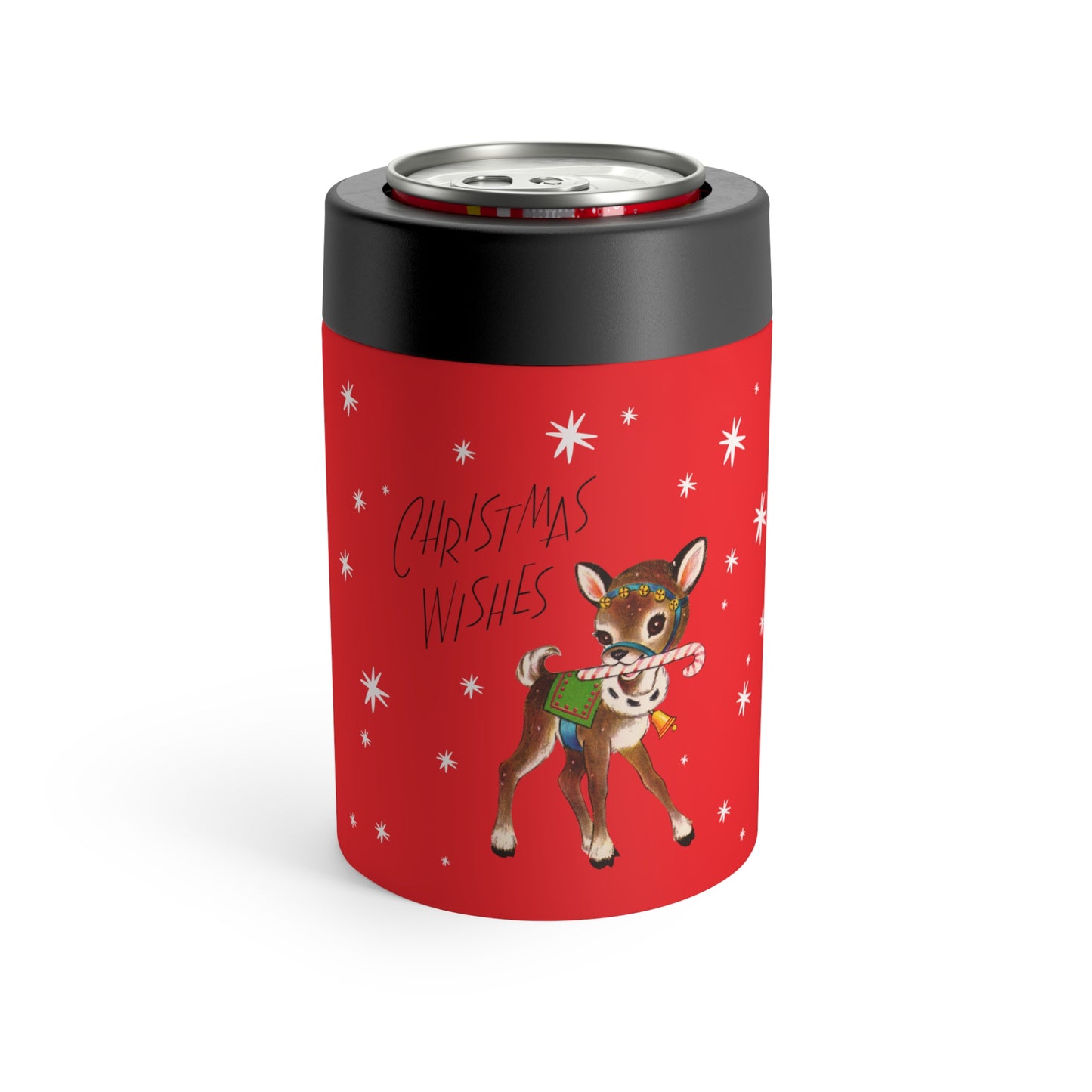 Christmas Wishes Reindeer Stars Red Mid Century Retro Christmas Print Stainless Steel Can Holder