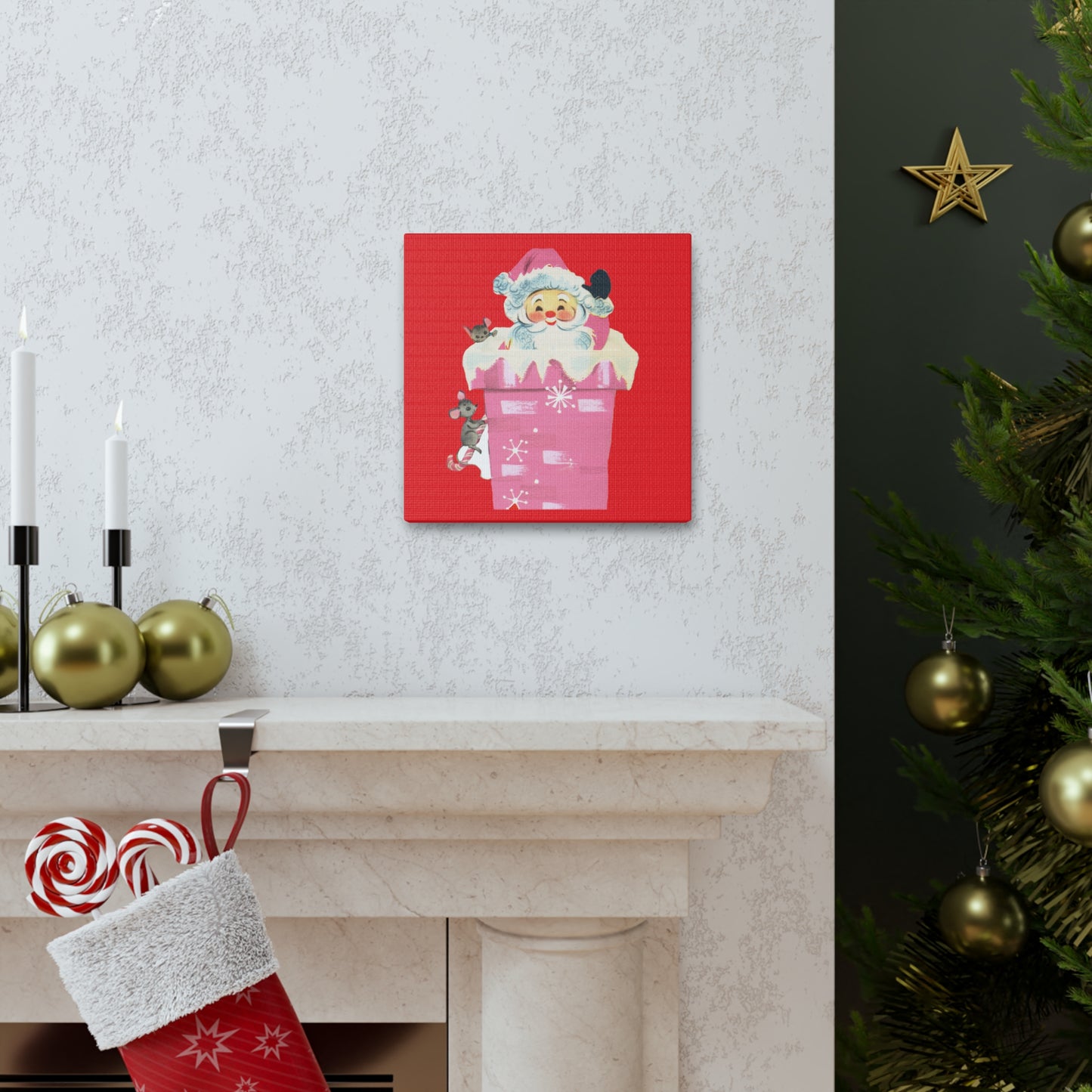 Santa In Chimney With Mice Mid Century Retro Christmas Canvas Gallery Wrap