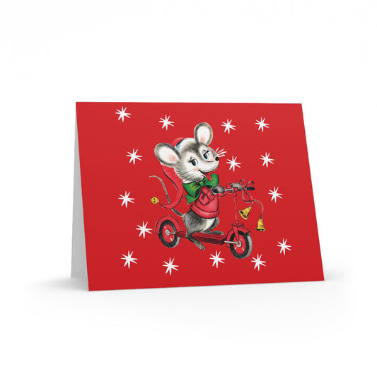 Christmas Mouse On Scooter Stars Mid Century Retro Christmas Print Red Matte Greeting Cards (8, 16, and 24 pcs)