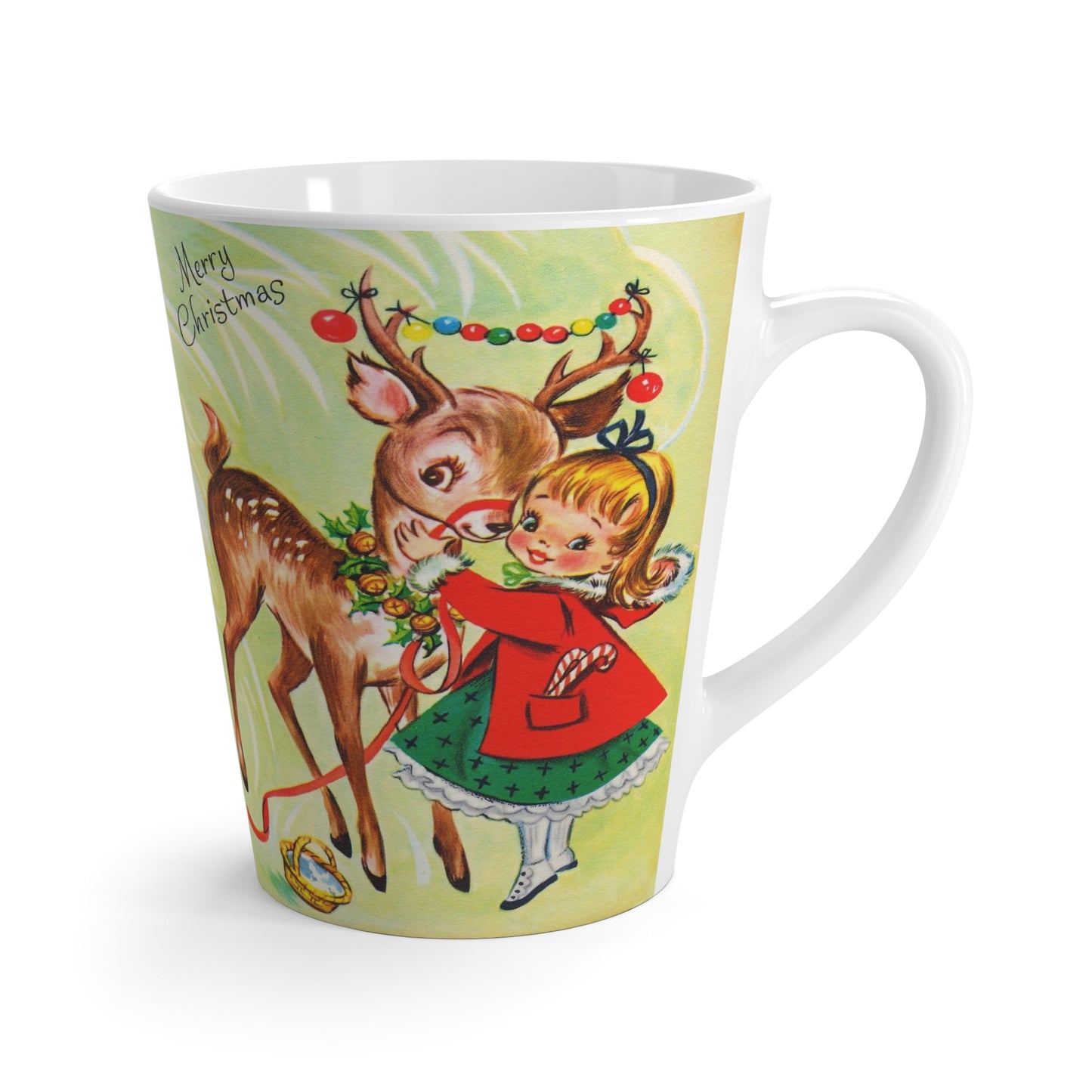 Merry Christmas Girl With Reindeer Retro Christmas Print Latte Coffee Mug