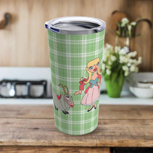 This 20 ounce Sound of Music inspired stainless steel tumbler features the characters from the Lonely Goatherd: The lonely goatherd, girl in the pale pink coat, and the goat family. There is a green plaid background.