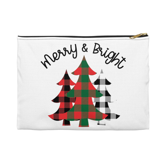 Merry And Bright Buffalo Checkered Trees Christmas Print Polyester Accessory Pouch Travel Bag