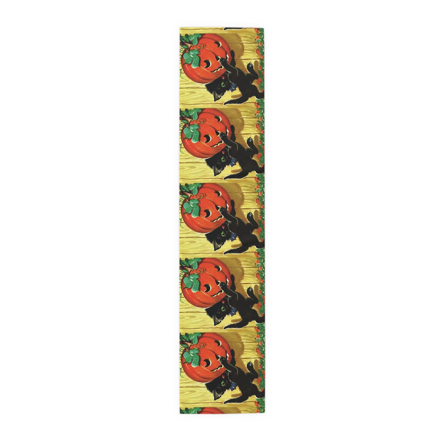 Black Cat With Jack O Lantern Retro Halloween Print Cotton Poly Table Runner