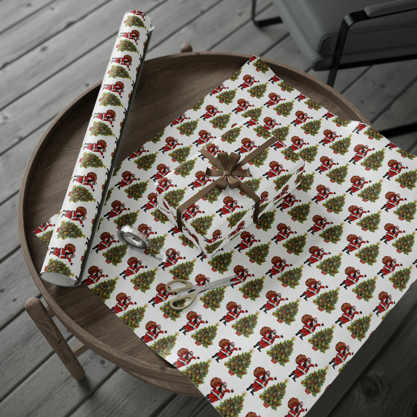 Santa With Christmas Tree Mid Century Retro Christmas Print Holiday Gift Wrap Paper - Glossy Or Matte