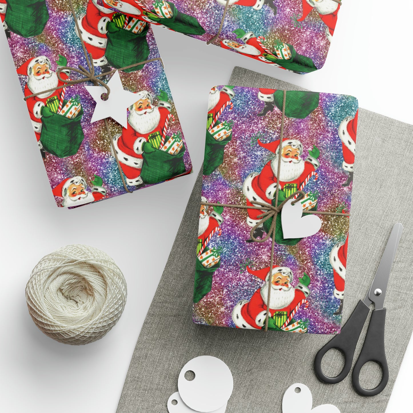 Santa With His Sack Of Presents Glitter Background Mid Century Retro Christmas Print Holiday Gift Wrap Paper - Glossy Or Matte