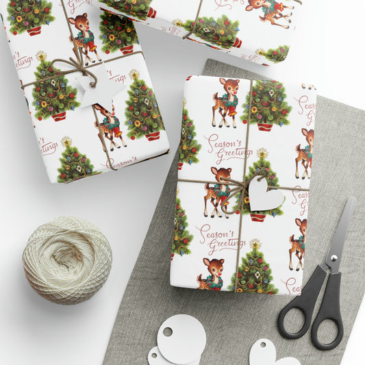 Season's Greetings Reindeer With Wreath And Christmas Tree Mid Century Retro Christmas Print Holiday Gift Wrap Paper - Glossy Or Matte