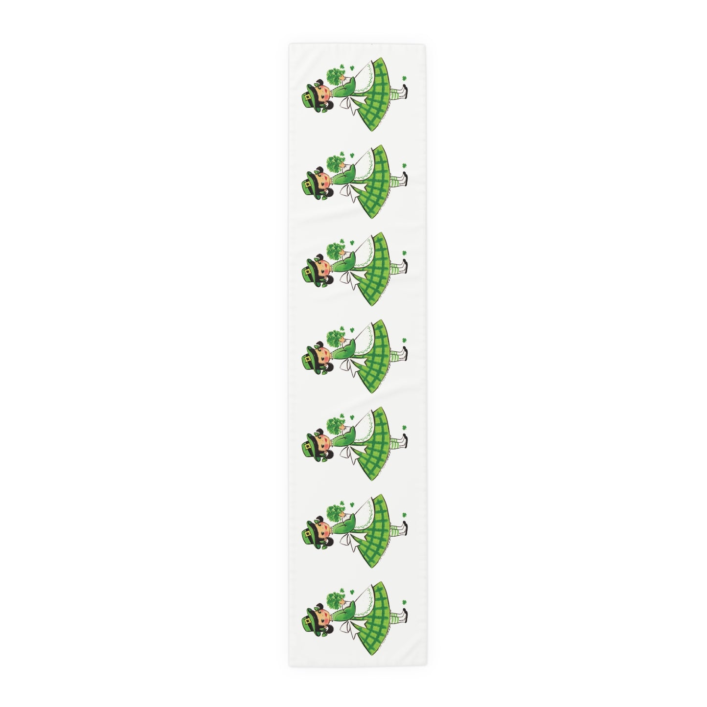 This table runner features a retro midcentury St. Patrick&#39;s Day illustration of a girl dressed in green, wearing a hat and holding shamrocks.