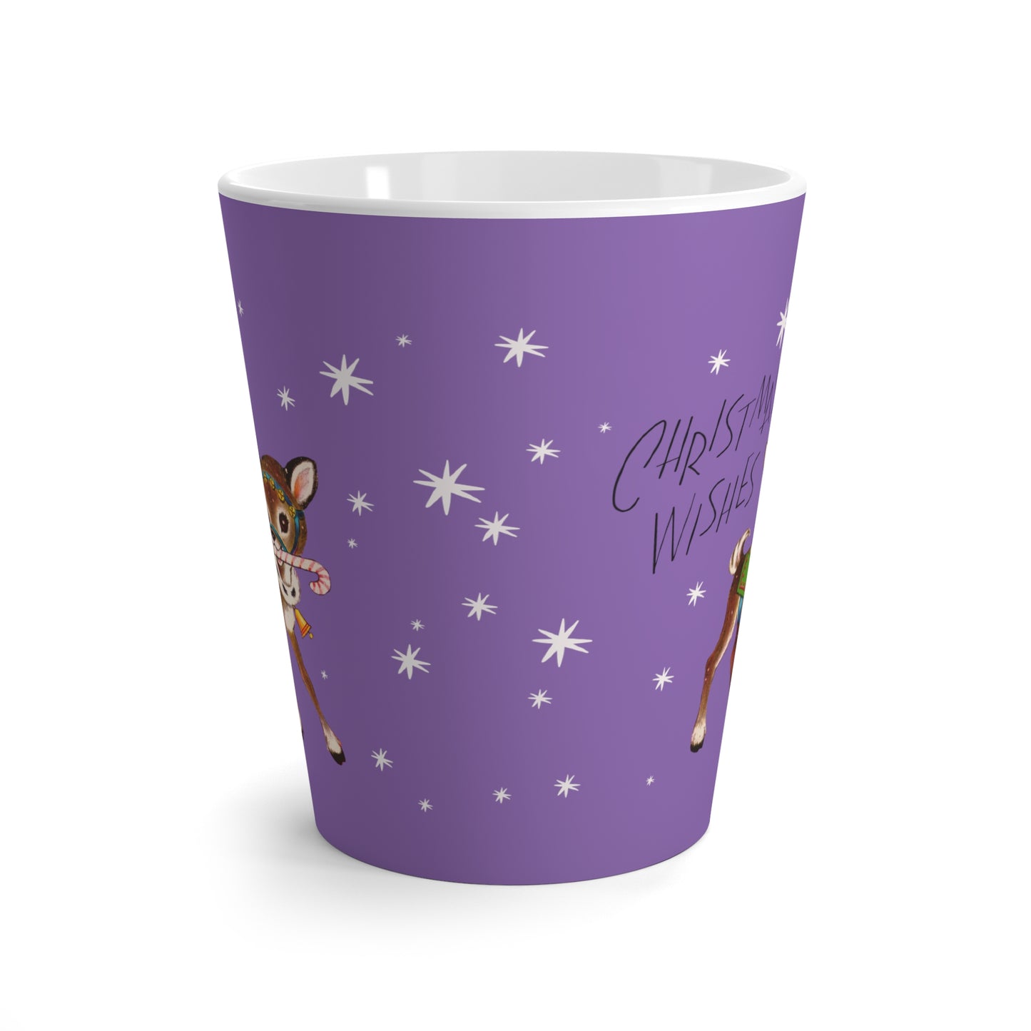 Christmas Wishes Reindeer Stars Purple Mid Century Retro Print Latte Mug