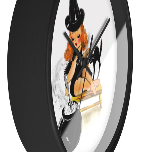 Orange Witch Black Cat Retro Halloween Print Decor Wall Clock