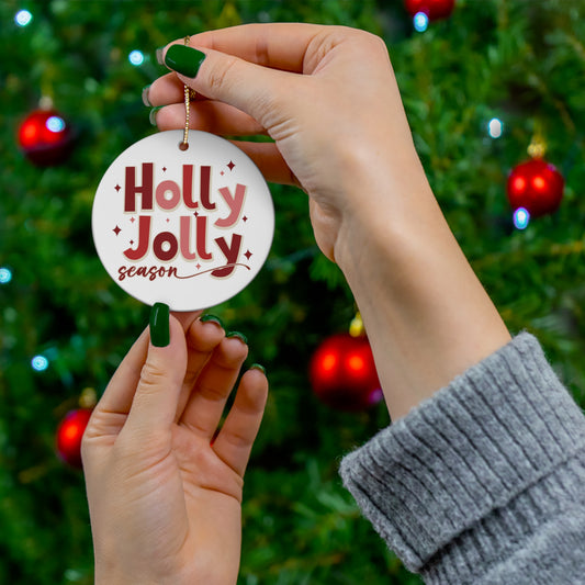 Holly Jolly Season Retro Christmas Style Ceramic Ornament