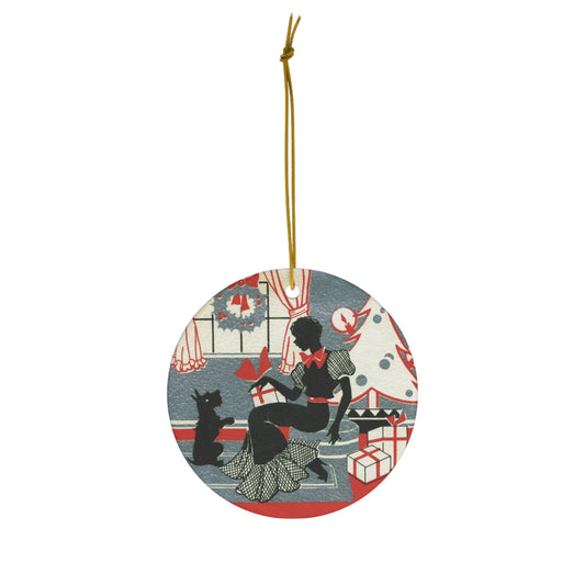 Christmas Lady With Black Scottie Deco Retro Christmas Print Ceramic Ornament