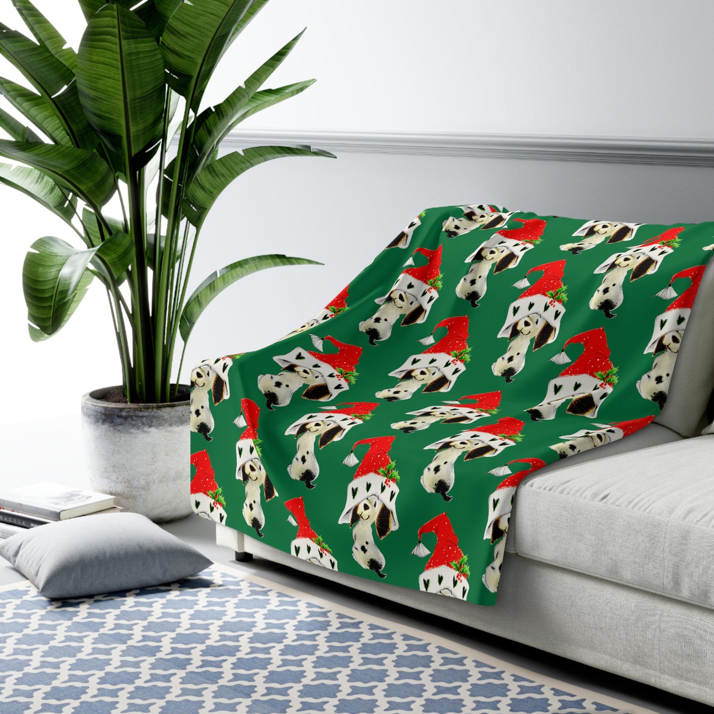 Christmas Dalmation Puppy In Santa Hat Mid Century Retro Christmas Print Sherpa Fleece Blanket