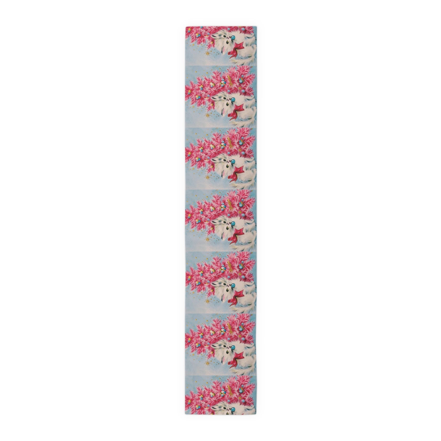 Cute Kitten Pink Christmas Tree Retro Christmas Print Home Decor Cotton Poly Table Runner