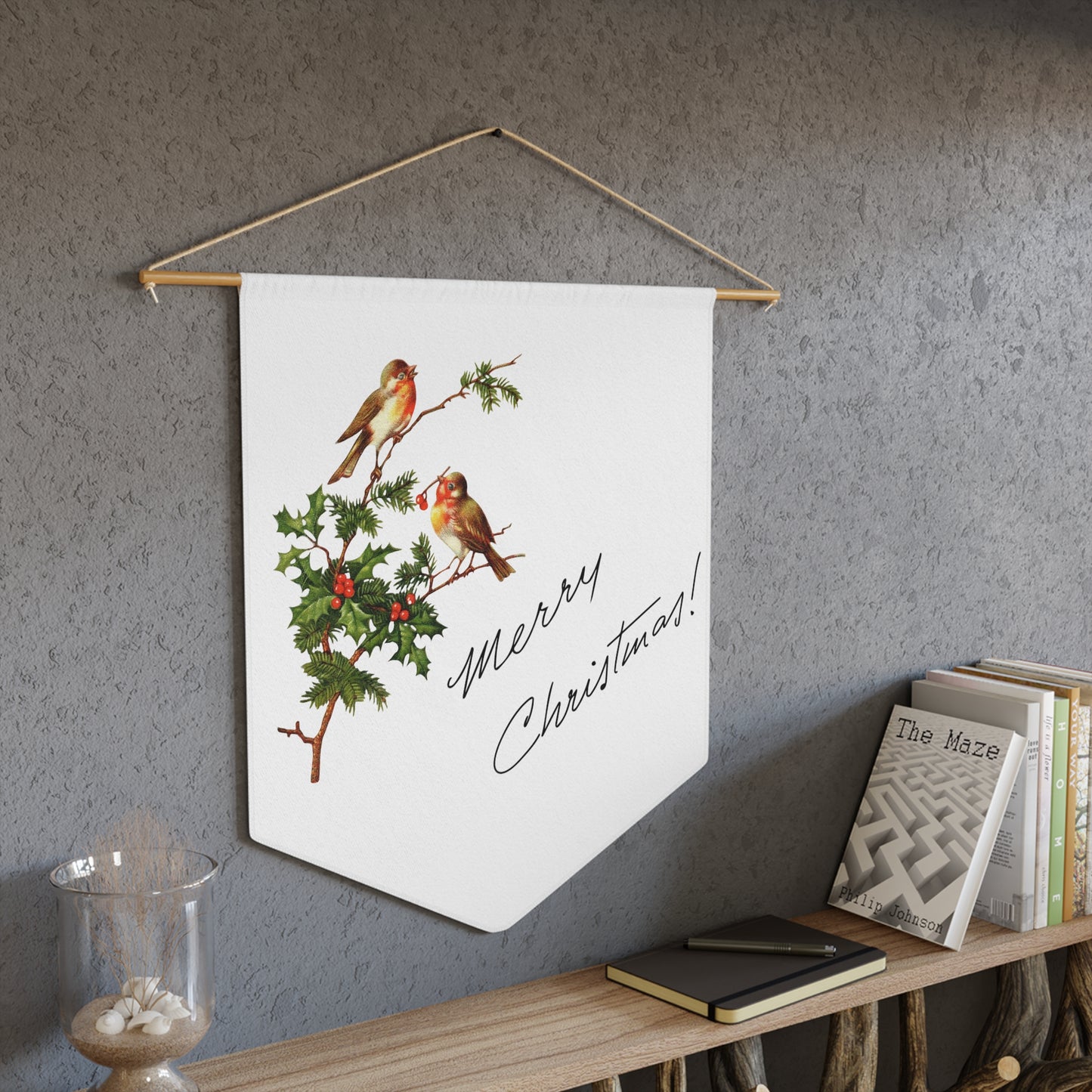 Merry Christmas Birds With Holly Retro Mid Century Christmas Print Wall Hanging Banner Flag