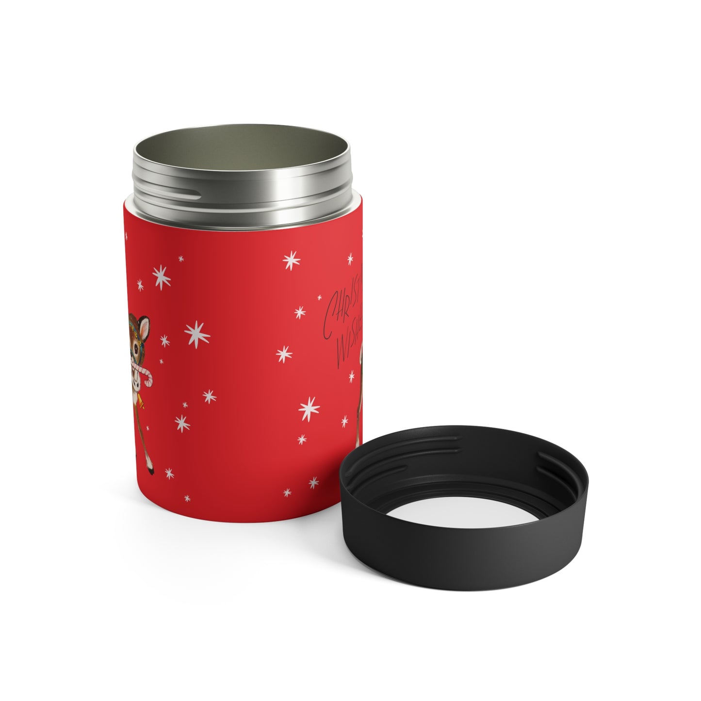 Christmas Wishes Reindeer Stars Red Mid Century Retro Christmas Print Stainless Steel Can Holder